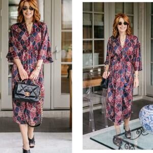 By Anthropologie Miska Tie Waist Kimono Plum Medallion Print Midi Dress S NWT